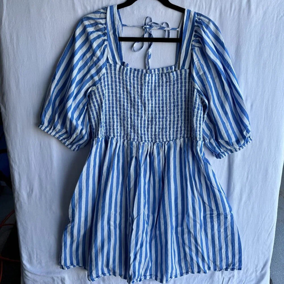 Blue & White Striped Smocked Dress - Puff Sleeves, Tie Back Detail, Size XXL - Picture 1 of 6